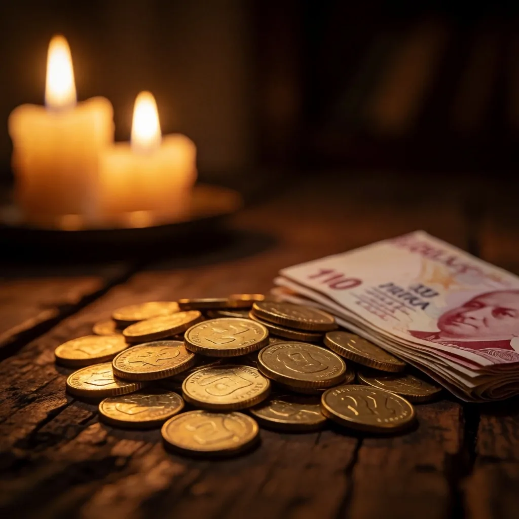 Altın paralar ve banknotlar — sıcak ışıkta birikim koruma