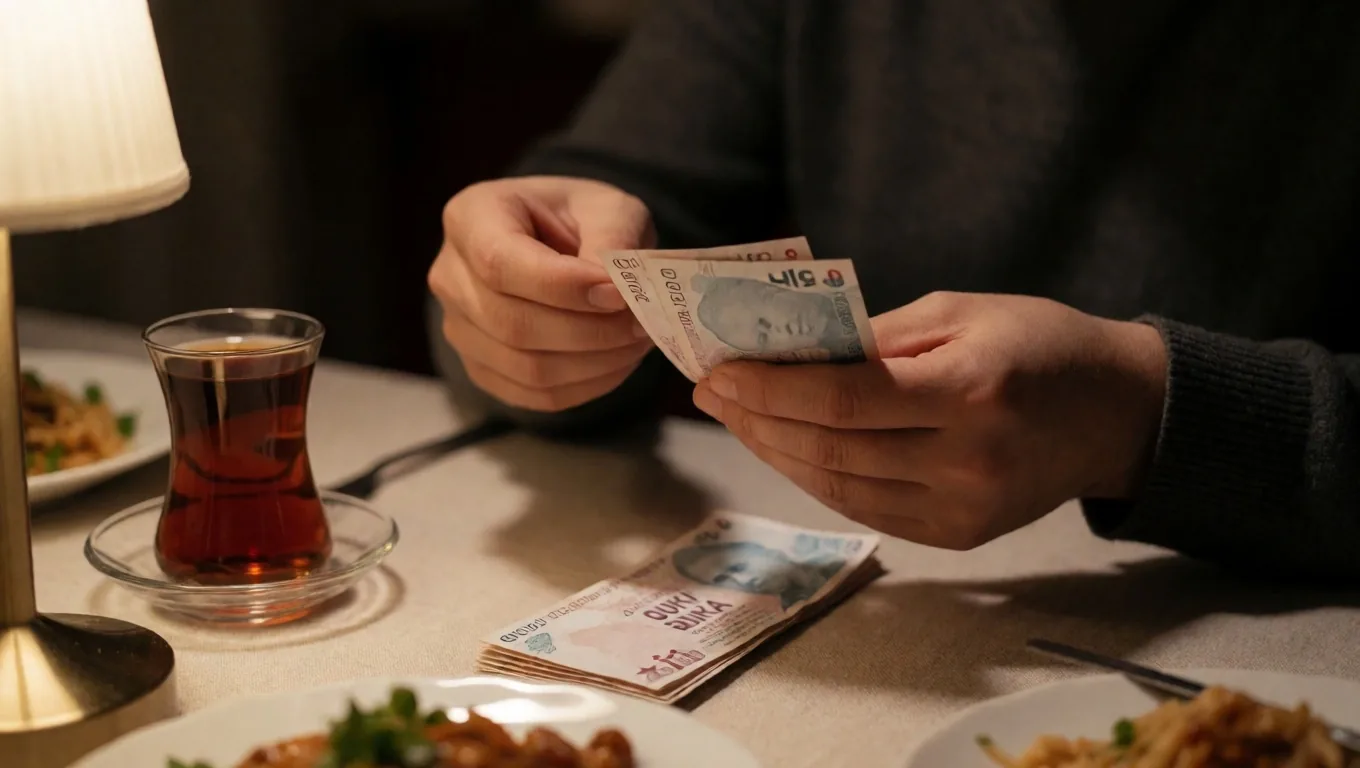 Mutfak masasında fişler, hesap makinesi ve kahve fincanı — sıcak ışıkta bütçe planlama anı