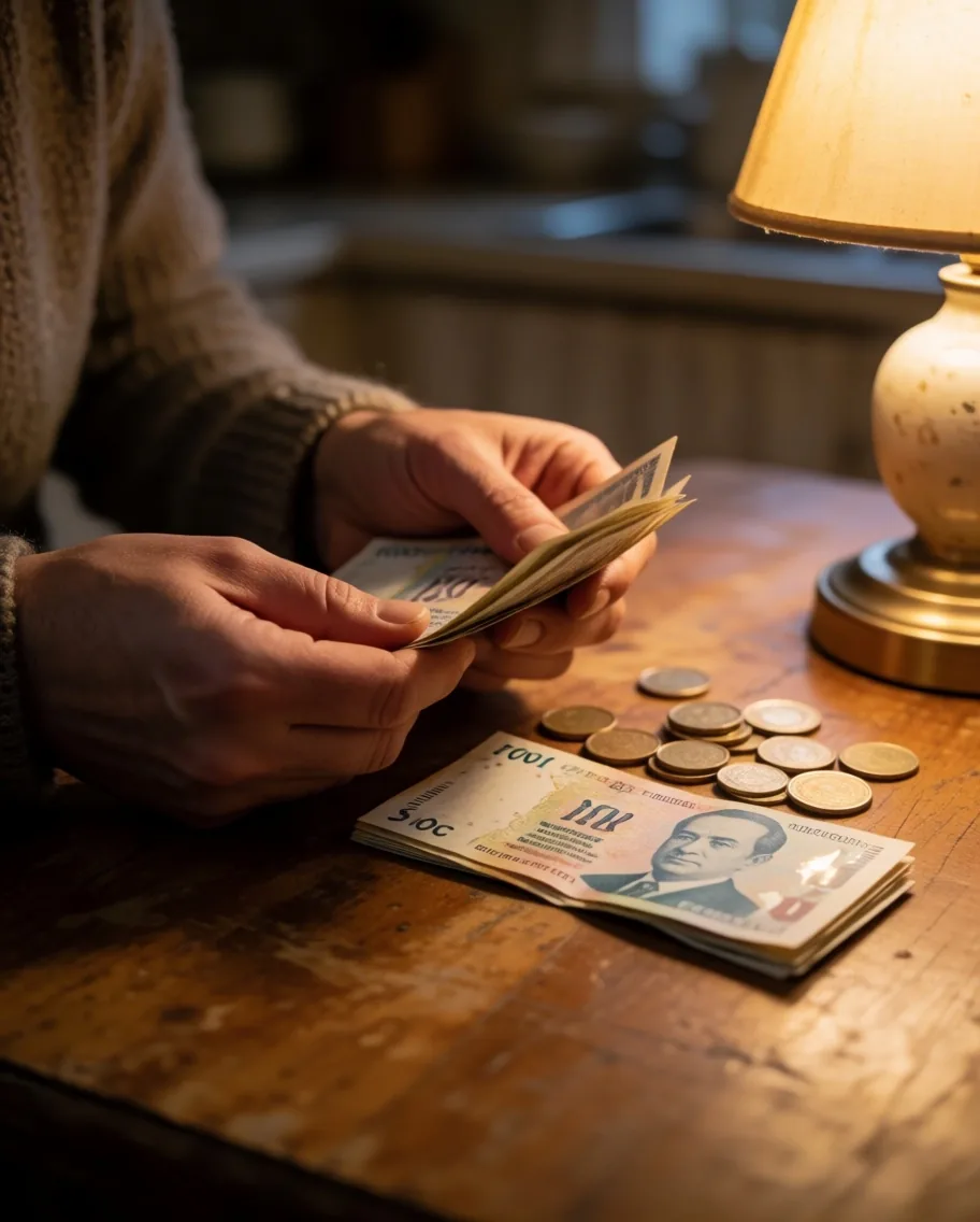 Mutfak masasında Türk banknotlarını ve bozuk paraları sayan eller